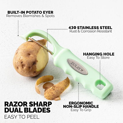 Zulay Kitchen Premium Vegetable Peeler for Kitchen - Swivel Peeler with Razor Sharp Stainless Steel Blades & Strong Ergonomic Handle - Dishwasher Safe, Easy To Use with Blemish Remover - Black