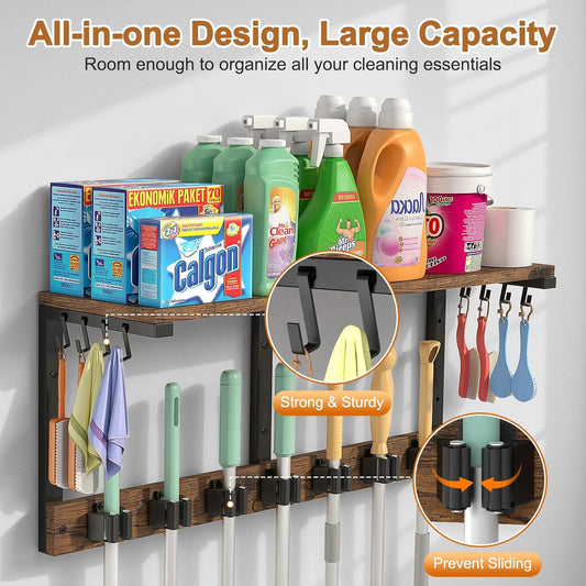 Housolution Wall Mount Broom Holder Hanger Laundry Room Storage Shelves | Thickened Metal Frame, 100 LBS High Load-Bearing, Large Capacity, Multifunctional with 7 Grippers & 8 Hooks
