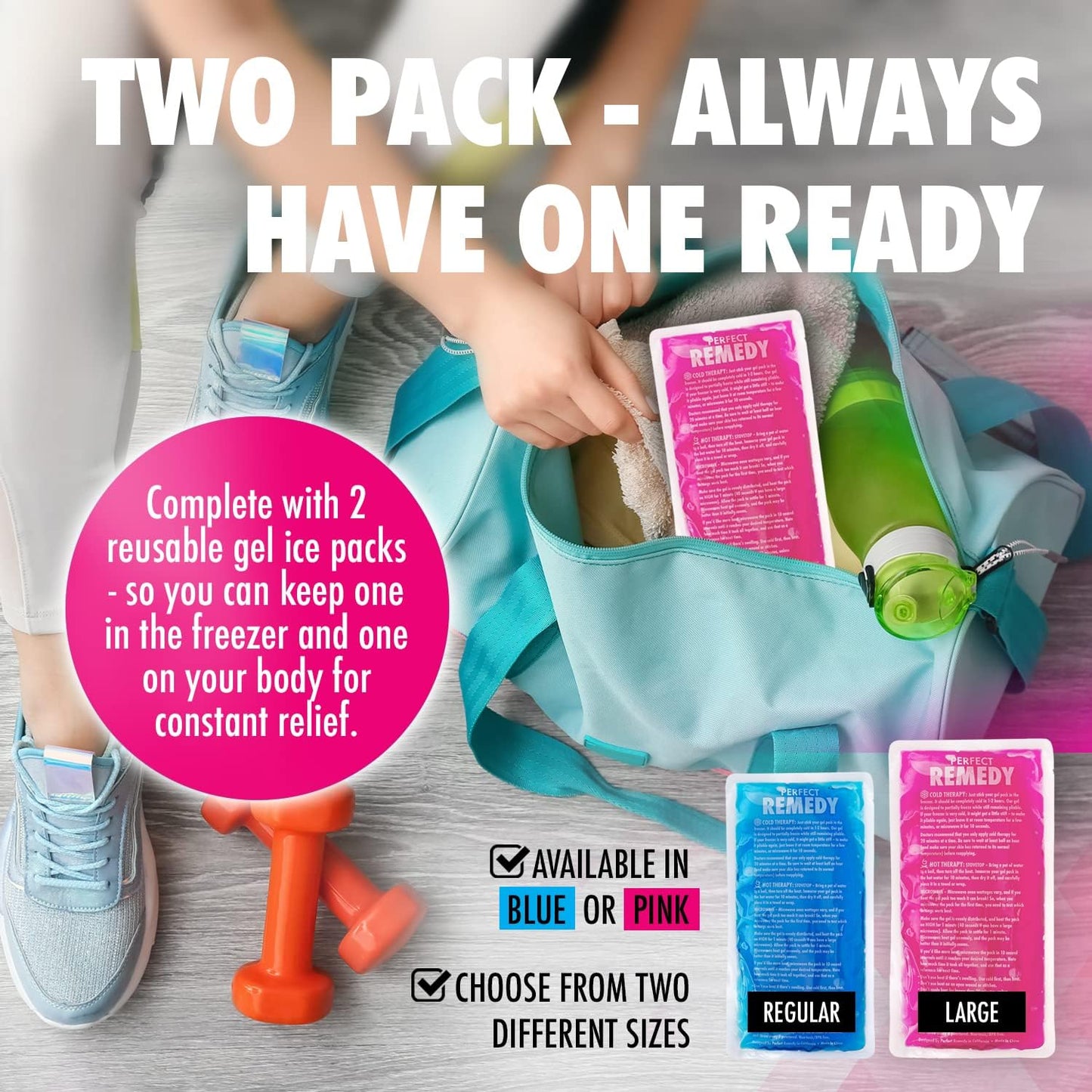 Perfect Remedy 2-Pack Gel Ice Packs for Injuries with Strap Cover, Flexible Hot Cold Compress, Soothing Soft Ice Packs for aid in Injuries Conditions, Alternative to Hot Water Bottles (Blue, Regular)