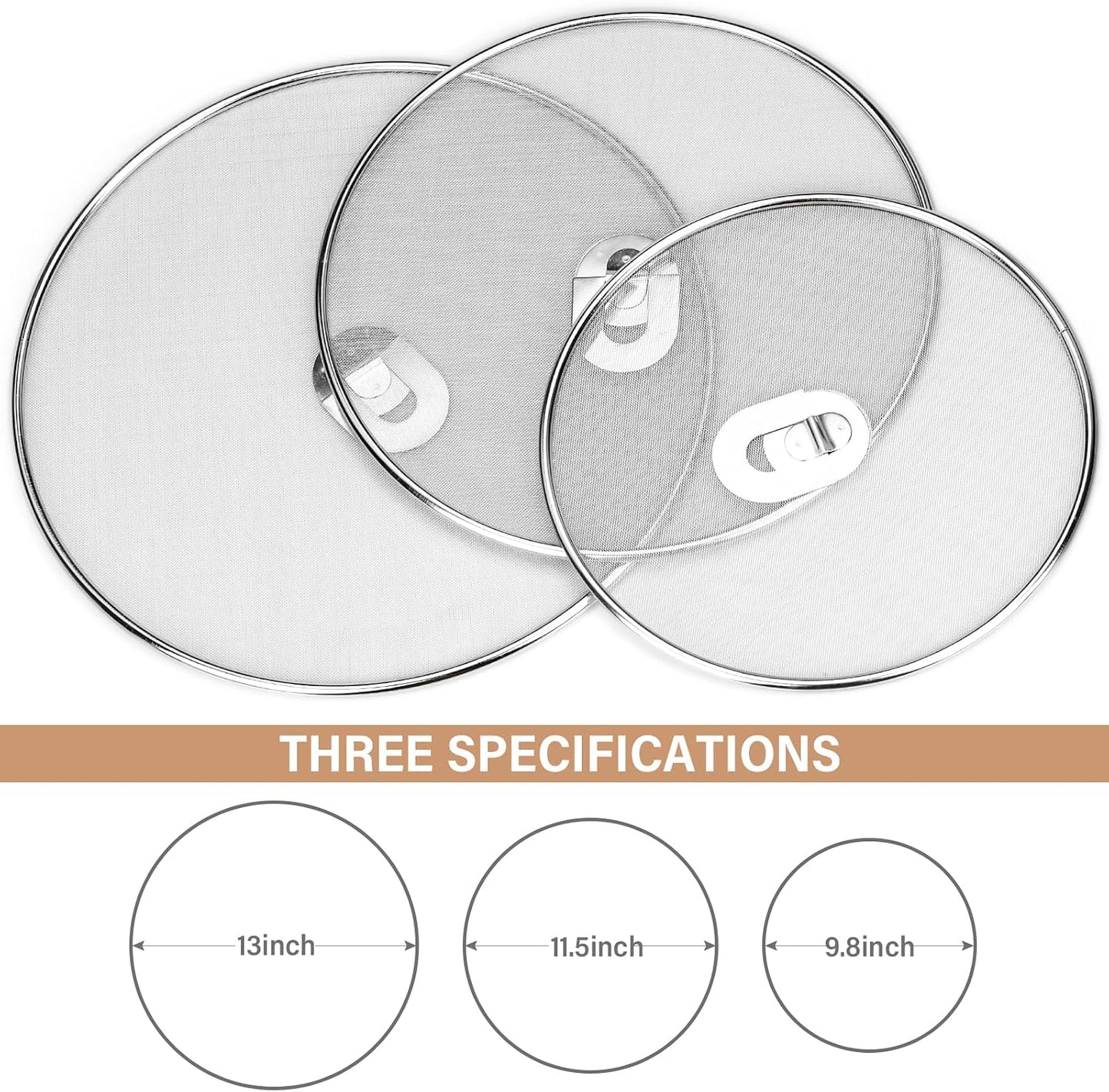 3 Pack Splatter Screen for Frying Pan 13" 11.5" 9.8" | Stainless Steel, Grease Splatter Guard, Ultra Fine Mesh Lids, with Fold Flat Knob for Prevent Oil Splatter