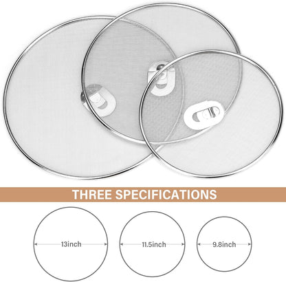 3 Pack Splatter Screen for Frying Pan 13" 11.5" 9.8" | Stainless Steel, Grease Splatter Guard, Ultra Fine Mesh Lids, with Fold Flat Knob for Prevent Oil Splatter