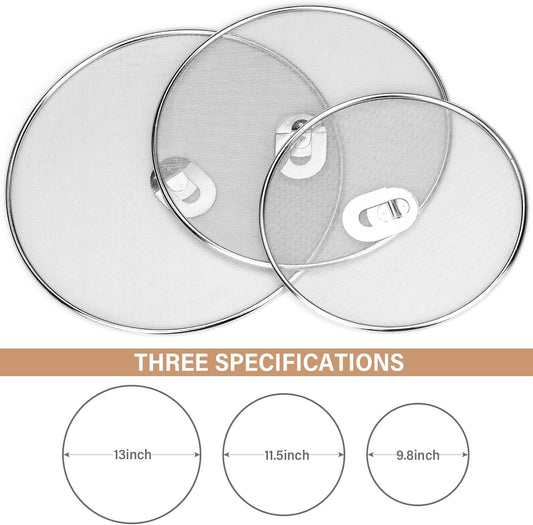 3 Pack Splatter Screen for Frying Pan 13" 11.5" 9.8" | Stainless Steel, Grease Splatter Guard, Ultra Fine Mesh Lids, with Fold Flat Knob for Prevent Oil Splatter