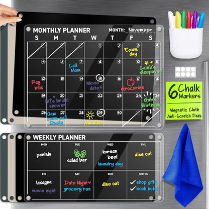 Acrylic Calendar for Fridge - Magnetic Calendar for Refrigerator - 2pc Family Refrigerator Magnetic Dry Erase Planning Board Monthly Weekly - 6 Liquid Chalk Markers & 3 Interchangeable Backgrounds