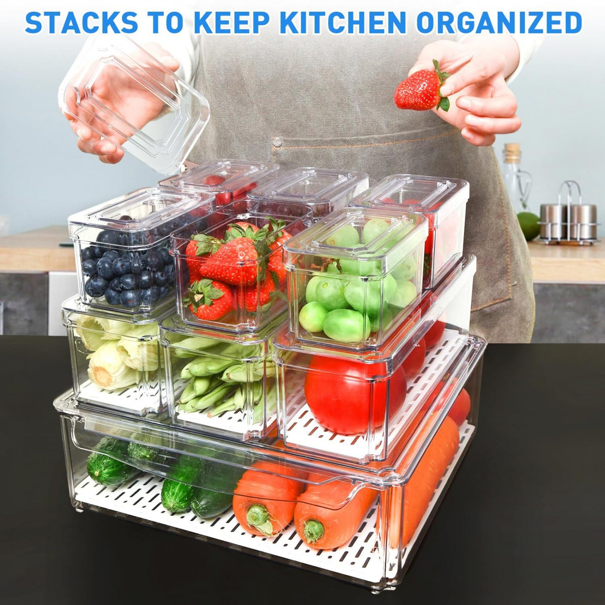 POMEAT 10 Pack Fridge Organizer, Stackable Refrigerator Organizer Bins with Lids, Produce Fruit Storage Containers for Storage Clear for Food, Drinks, Vegetable Storage