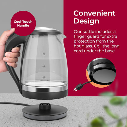 Mueller Living 1.8L Electric Kettle, Tea Kettle for Boiling Water | 1.8L | 1500W | LED | SpeedBoil | Automatic Shutoff | Cordless | Borosilicate Glass | BPA Free
