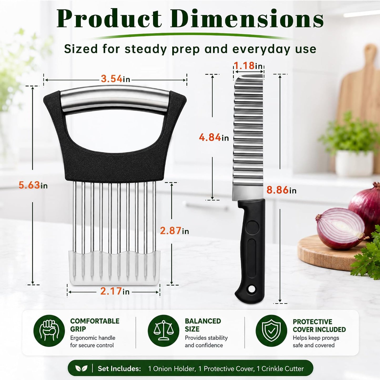 Onion Holder for Slicing & Crinkle Cutter Knife, 2 Piece Kitchen Prep Tool Set, Stainless Steel Onion Slicer Prongs, Wavy Knife, Potato Cutter for Fries, Tomato, Cucumber, Carrot