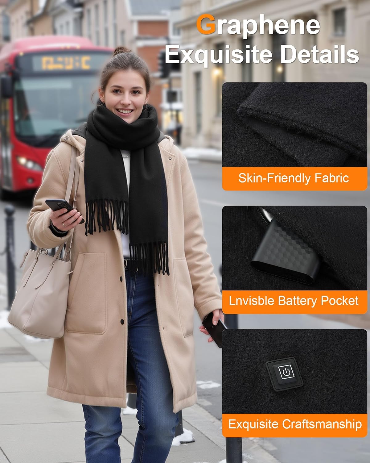 Wulcea Graphene Heated Scarf For Women 5V2A 6000mAh Fast Charge Large Capacity Battery