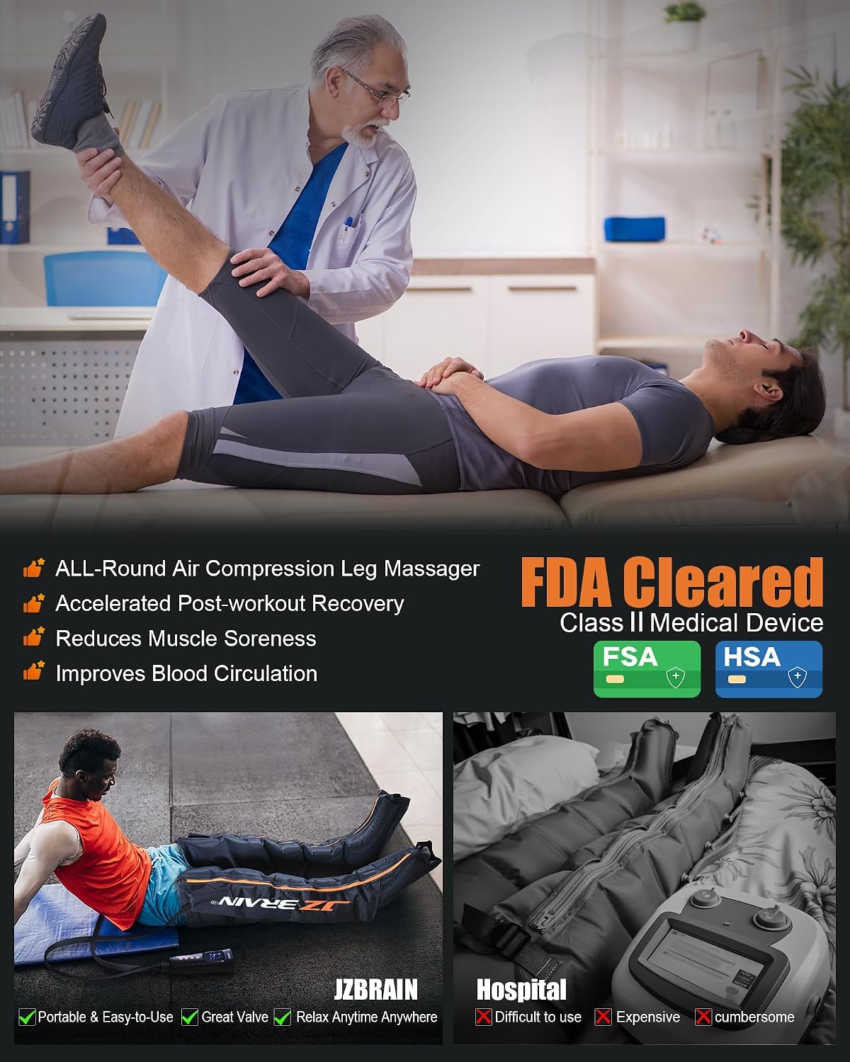 JZBRAIN Sequential Air Compression Recovery System : Professional Full Leg Compression Boots for Circulation and Pain Relief - Sequential Device for Muscle Relaxation - for Athletes,Women,Men