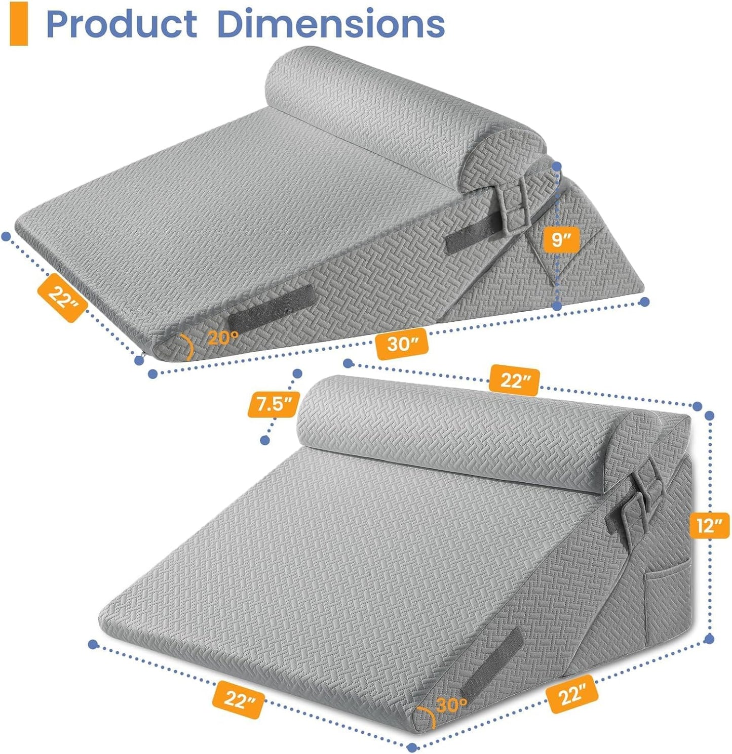 Sasttie Adjustable Wedge Pillow Set for After Surgery, Dark Grey & White | Bed Wedge Pillow Headboard with Memory Foam Neck Cushion, for Acid Reflux, Sleeping, Neck & Back Support
