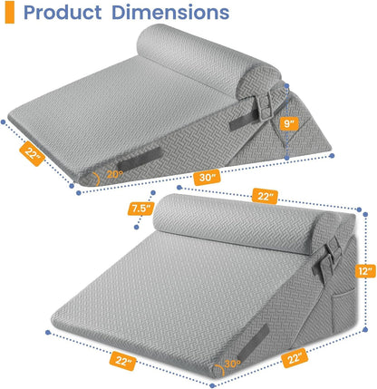 Sasttie Adjustable Wedge Pillow Set for After Surgery, Dark Grey & White | Bed Wedge Pillow Headboard with Memory Foam Neck Cushion, for Acid Reflux, Sleeping, Neck & Back Support