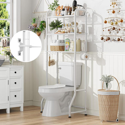 Simple Trending Over The Toilet Storage Cabinet, Metal Bathroom Shelf Organizer with Paper Holder and Hooks, 3 Tier, Black