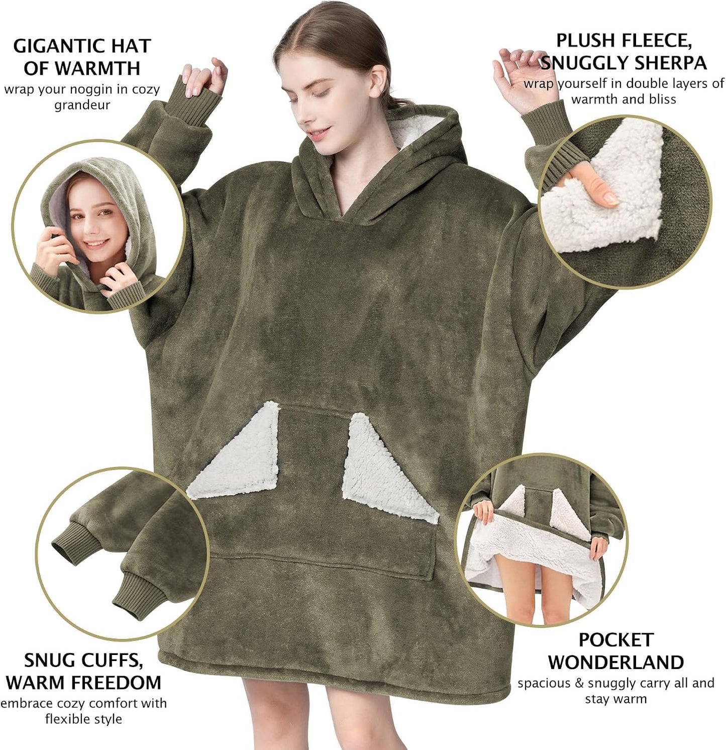 Wearable Blanket Hoodie, Oversized Sherpa Fleece Sweatshirt Blanket with Giant Hood Pocket and Sleeves for Adult, Warm & Cozy Grey Blanket Gifts for Women