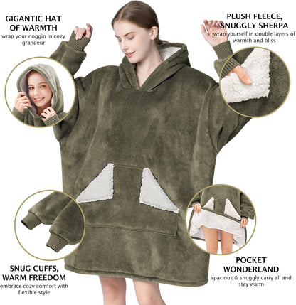 Wearable Blanket Hoodie, Oversized Sherpa Fleece Sweatshirt Blanket with Giant Hood Pocket and Sleeves for Adult, Warm & Cozy Grey Blanket Gifts for Women