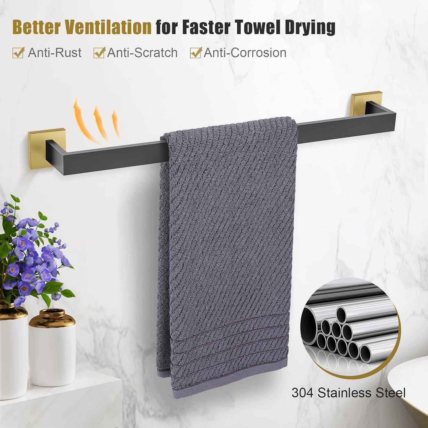 TURS Bathroom Hardware Set Black 4-Piece Towel Bar Set Include 24 Inch Towel Bar Hand Towel Holder Towel Hook Toilet Paper Holder with Shelf Wall Mounted Stainless Steel Bathroom Accessories Set