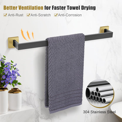 TURS Bathroom Hardware Set Black 4-Piece Towel Bar Set Include 24 Inch Towel Bar Hand Towel Holder Towel Hook Toilet Paper Holder with Shelf Wall Mounted Stainless Steel Bathroom Accessories Set