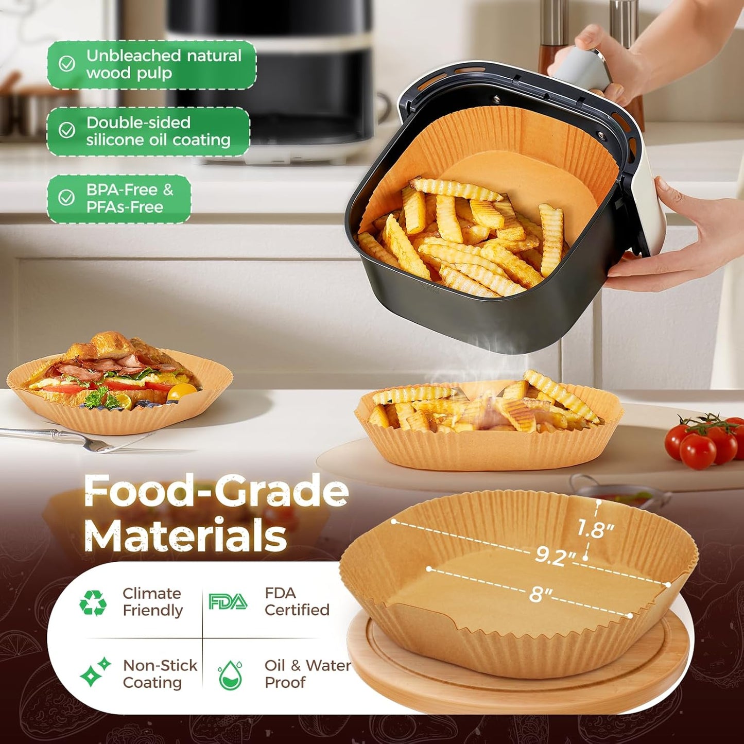 Air Fryer Liners Disposable, 100Pcs 8" Square Air Fryer Paper for 5-8 QT | Waterproof and Oilproof for Easy Cleanup, Unbleached Non-Stick Parchment Paper for 5-8 QT Air Fryer, Baking, Microwave, Oven