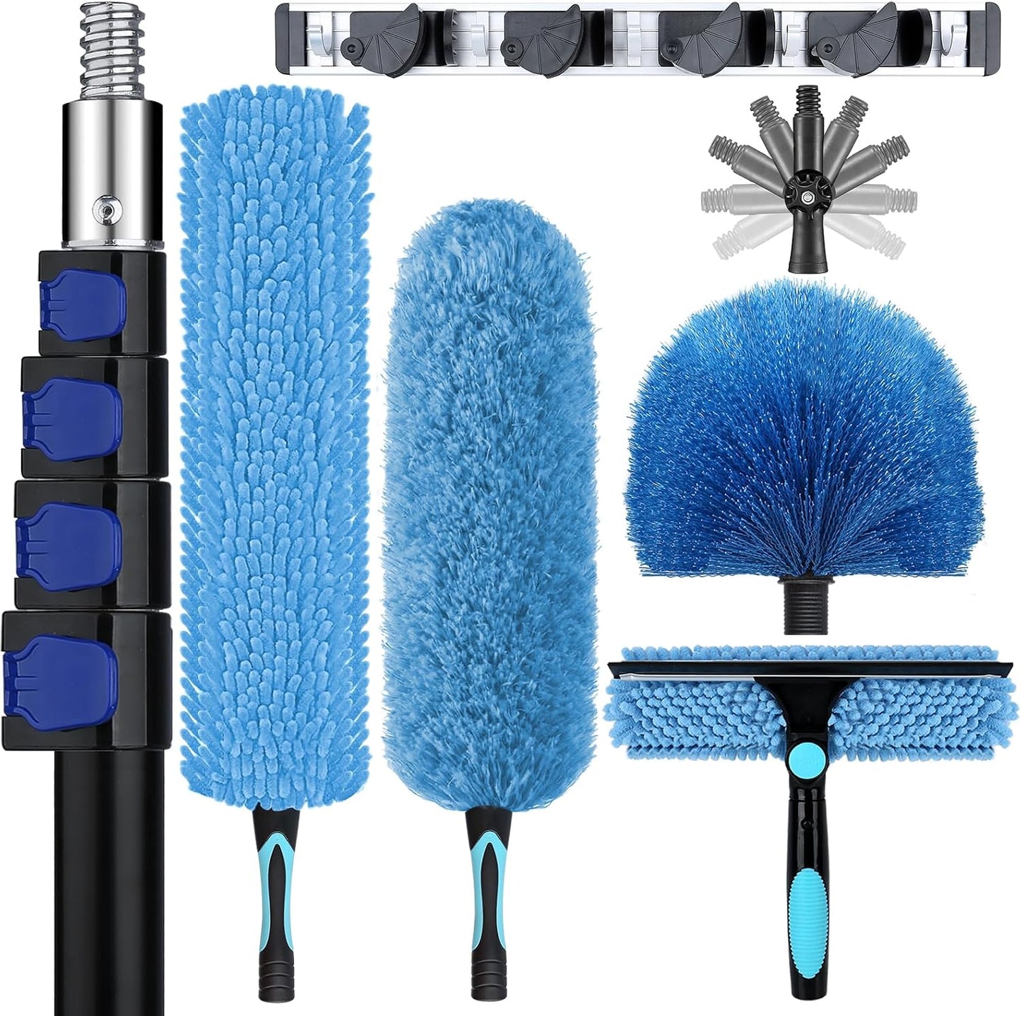20ft High Ceiling Duster Kits with 5-12ft Heavy Duty Extension Pole - Fan Blade Cleaner, Cobweb Remover & Blue Window Squeegee Kit, Washable Dust Brush for High Roof and Glass Surfaces