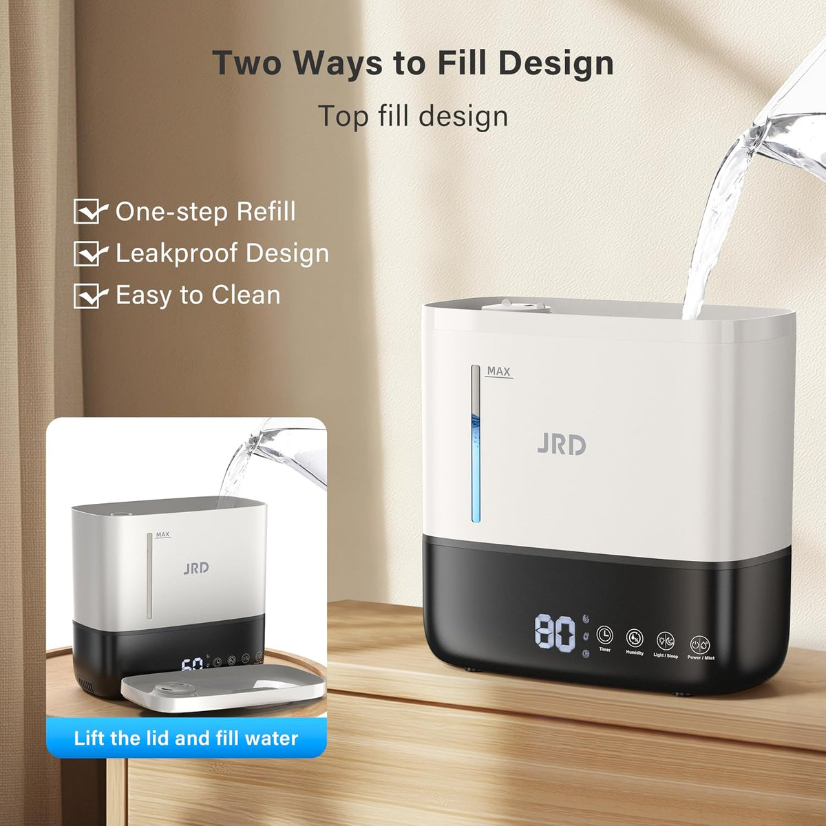 JRD Humidifiers 4L for Bedroom, Cool Mist Humidifier for Large Room, 40H Runtime, Night Light, 360° Nozzlefor Home, Office, Baby Nursery, Plants