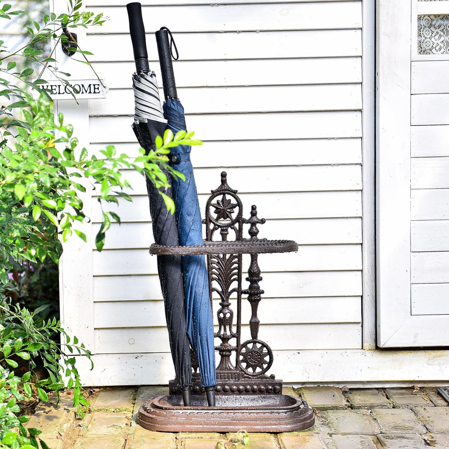 Sungmor Cast Iron Freestanding Umbrella Stand with Detachable Drip Tray | Rustic Umbrella Holder for Entryway,Front Door,Hallway,Outside Porch, Decorative Freestanding Umbrella Rack Organizer