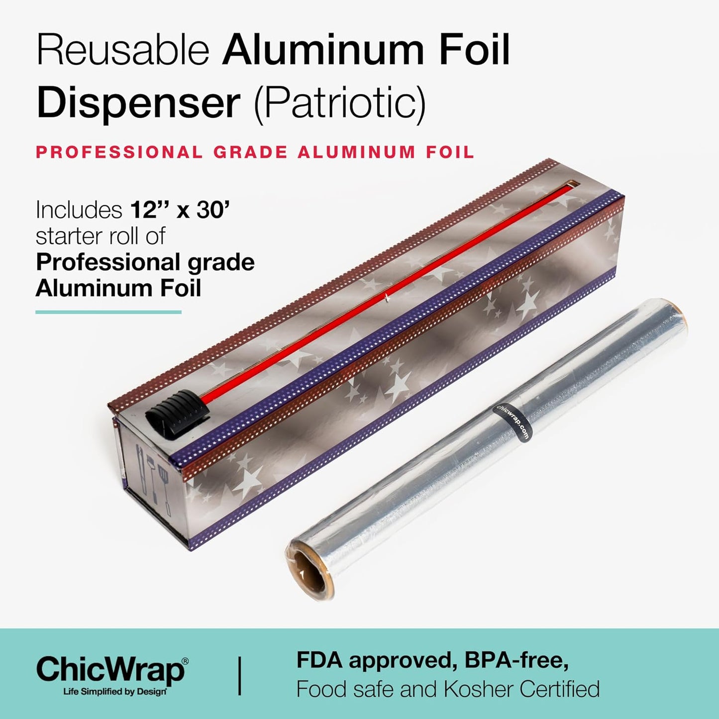 ChicWrap Carrara Marble Aluminum Foil Dispenser - Includes 12"x30' roll | Reusable Aluminum Foil Dispenser with Four Non-Slip Rubber Feet