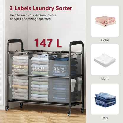 2 Bag Laundry Sorter Cart, Black & Grey | 50lbs Large Capacity, Removable Laundry Bags, Heavy Duty Lockable Rolling Wheels, Laundry Hamper Basket for Clothes Storage