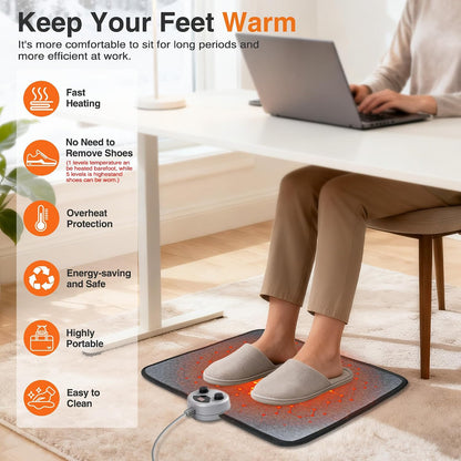 Foot Warmer, Heated Foot Mat Under Desk, 5 Temperature Settings & 7 Timer Settings, Auto Shut-Off & Fast Heating, Heated Foot Pad for Home & Office Use(Black Gray) | 5 Temperature & 7 Timer Settings, Fast Heating with Auto Shut-Off, Keeps Feet Warm and