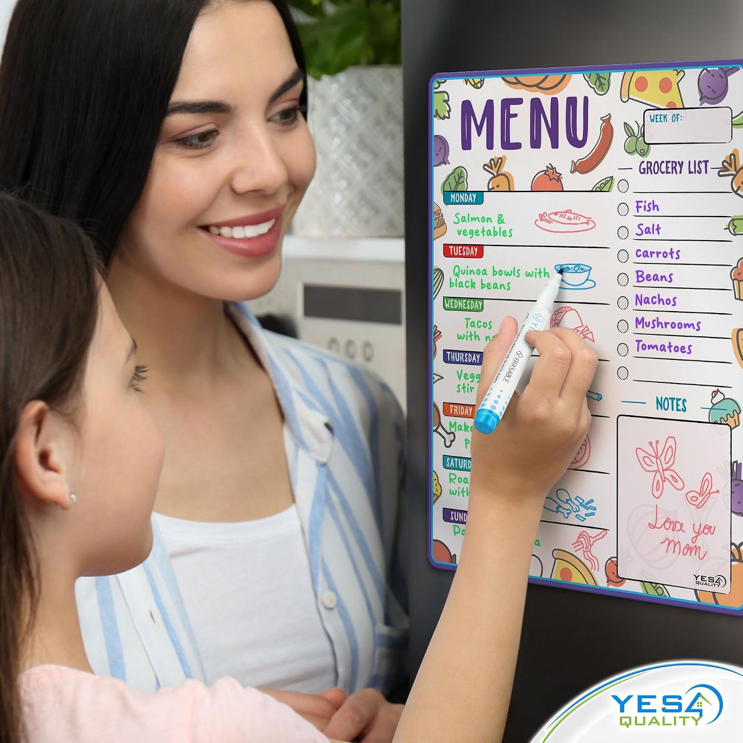 Magnetic Dry Erase Menu Board for Fridge (16x12) - Weekly Meal Planner Blackboard w/ 4 Magnetic Chalk Markers & Wiping Cloth - Chalkboard Organizer for Dinner Menus & Grocery Lists by Yes4Quality