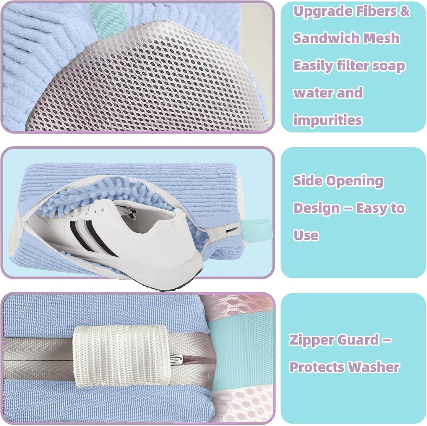 Shoe Washing Machine Bag Shoe Laundry Bags for Sneakers Reusable 2pc Shoes Cleaning Bags 360° Deep Clean for All Shoes Types With Invisible Zipper