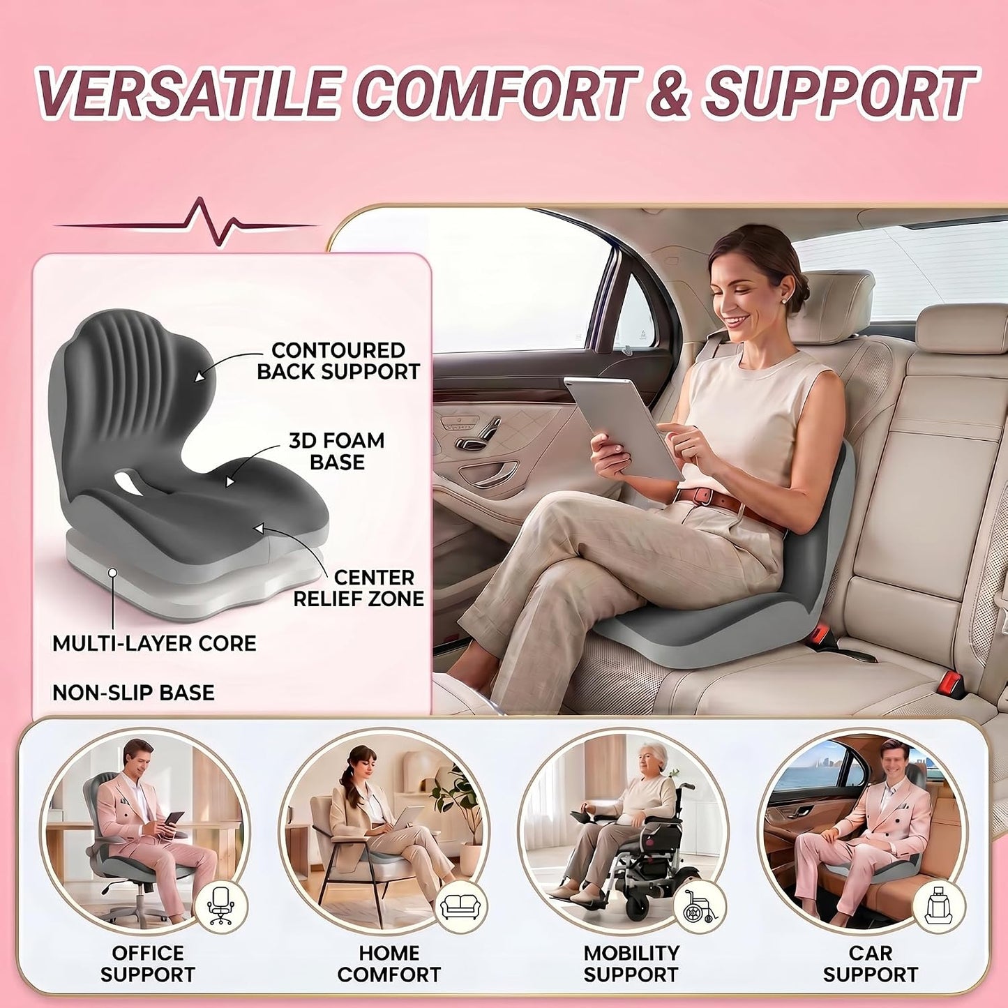 Ergonomic Seat Memory Foam Support Cushion for Back, Car Seat Back Support Cushion for Sciatica Tailbone Pain, Office Desk Chair Car Travel Seat Cushion (Pink)
