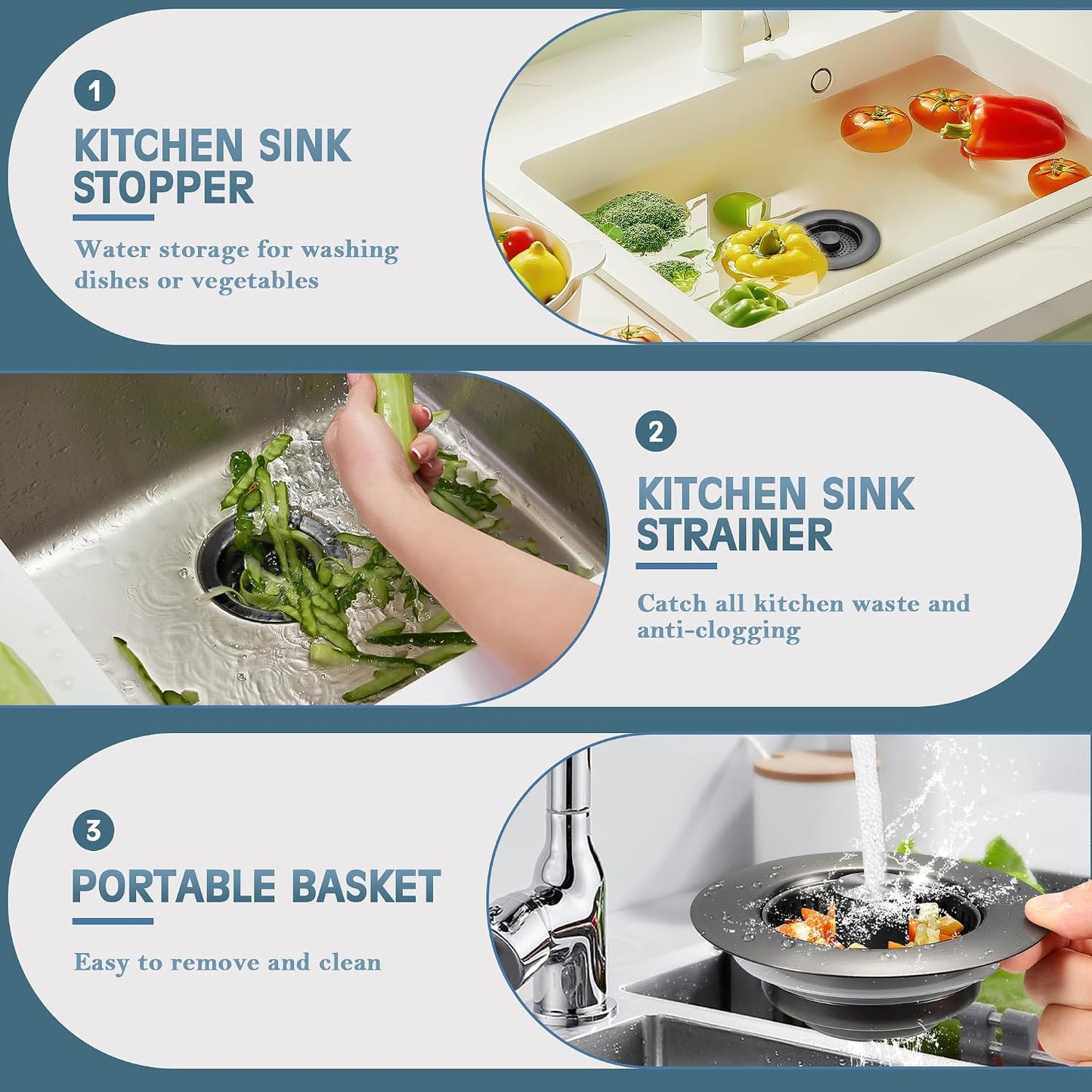 TGOSOMT Kitchen Sink Drain Strainer Stopper, Anti-Clog & Quick Drain | 3-IN-1 Design, Stainless Steel 304, Removable Strainer Basket, Corrosion & Scratch Resistant, Fits US Standard 3-1/2" Drain