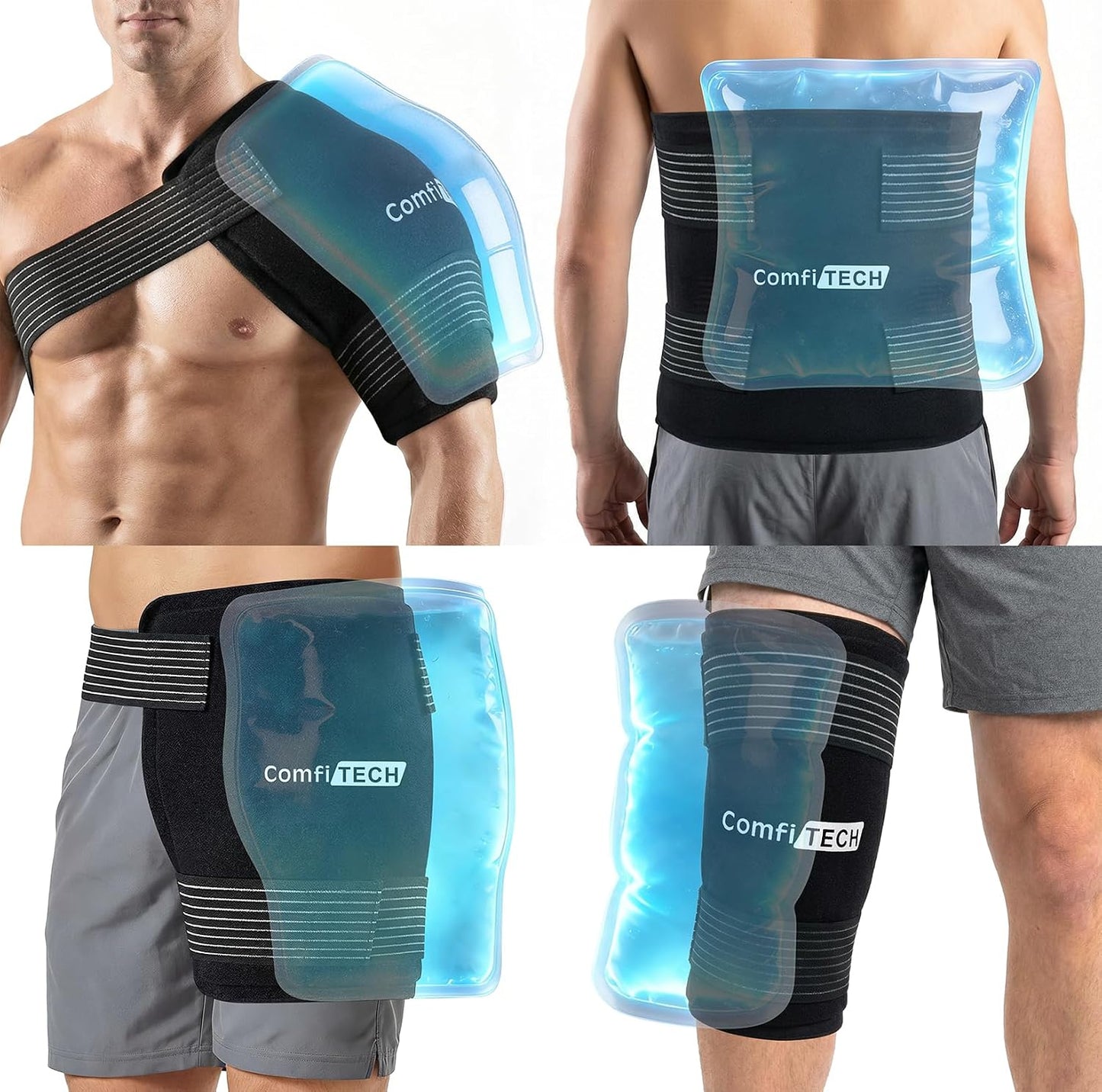 ComfiTECH Reusable Multipurpose Ice Pack with Adjustable Straps, 12" x 15" | Soft Gel Cold Compress for Hands-Free Relief on Back, Shoulder, Knee, Hip, Large Oversized Wrap for Minor Aches & Pains
