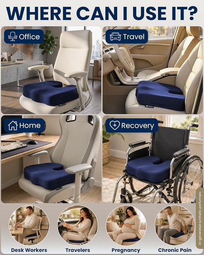 5 STARS UNITED Seat Cushion - Memory Foam Chair Cushion for Tailbone Pain Relief - Ergonomic Support for Coccyx, Sciatica & Butt - Office, Desk & Gaming Chair, Car Seat, Wheelchair, Airplane, Black