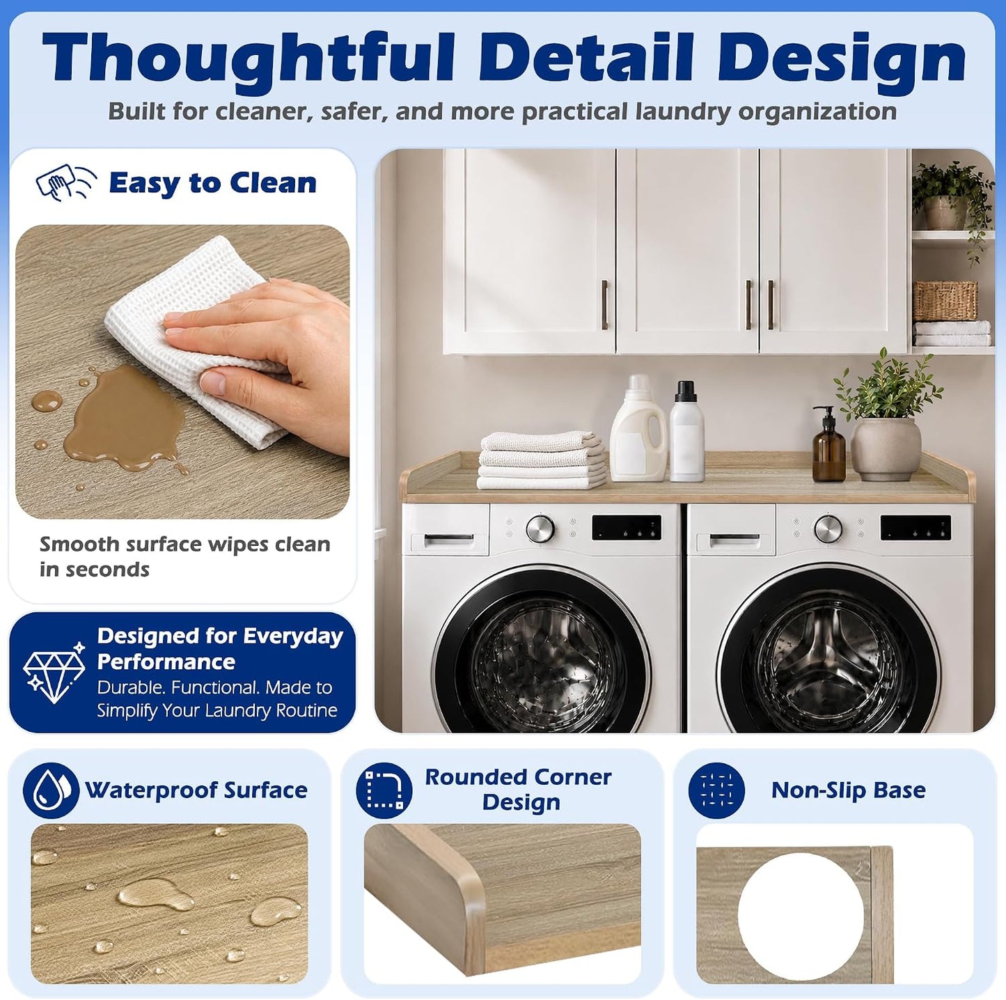 ROYXEN Washer Dryer Countertop, Laundry Countertop Solid Wood, Countertop for All Front-Loaded Washing Machine and Dryer, Extra Room for Laundry Room, Oak