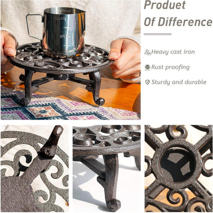 6.1 Inches Cast Iron Teapot Warmer Dish Cups Trivet,Flower-Shaped Design with Tealight Holder - Heavy Duty & Decorative Candle Holder Stands for Heat Food Coffee Milk or Tea