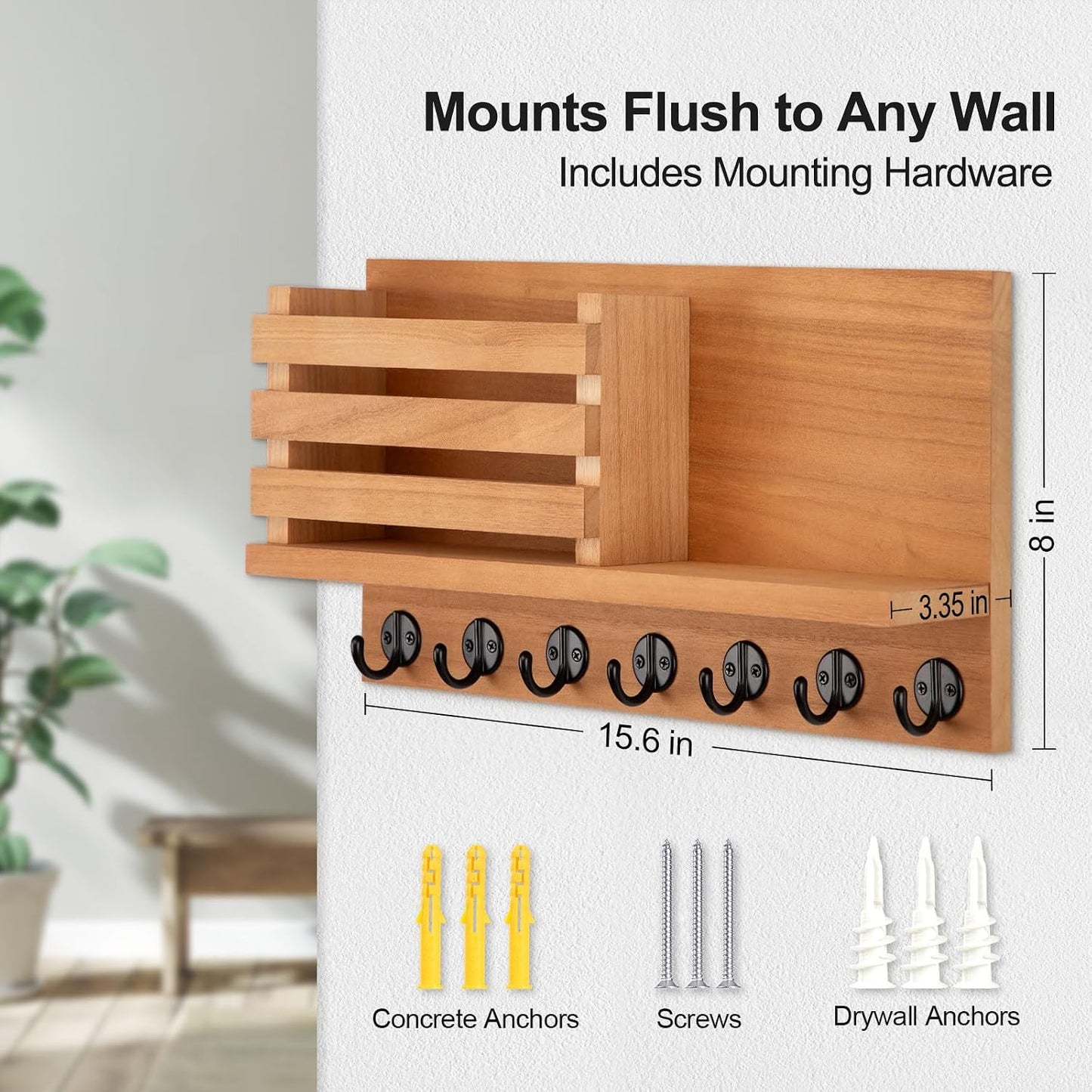 Lwenki Key Holder for Wall – Decorative Wooden Mail Holder and Key Shelf with Mounting Hardware, Installation Guide – Paulownia Wood with Metal Key Hooks (Black, Large - 11.8inch)