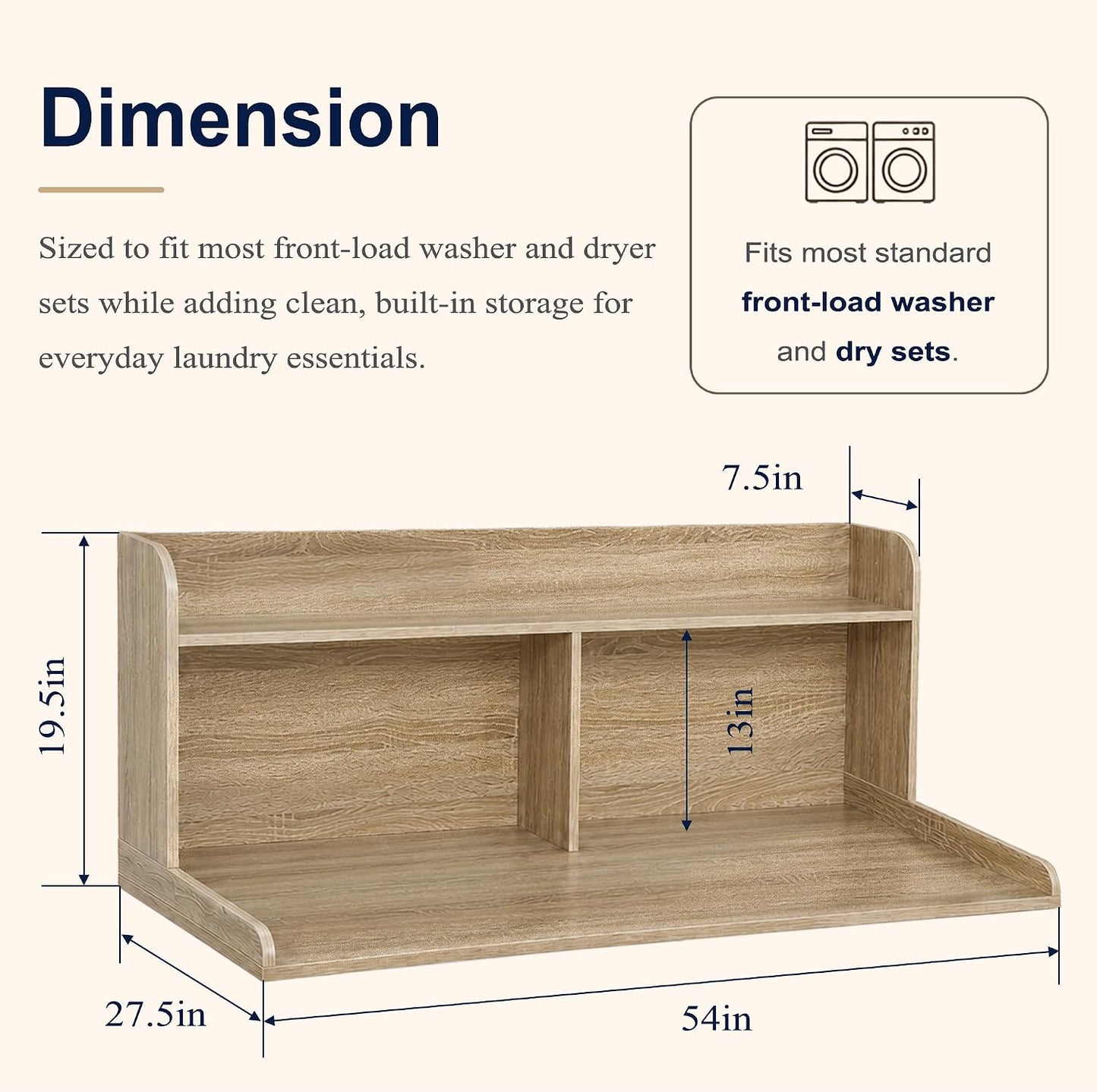 Royxen Washer Dryer Countertop with Extra Tall Shelf, 19" Height Washer and Dryer Topper, Laundry Countertop with Non-Slip Pads, Universal Fit for Laundry Room Organization, Walnut