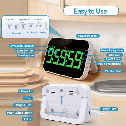 TXL Digital Timer for Classroom, Pomodoro, Gym & Kitchen – Rechargeable Magnetic Countdown Timer, Large LED Display, Loud Alarm, 3 Volume Levels & 3 Brightness Settings
