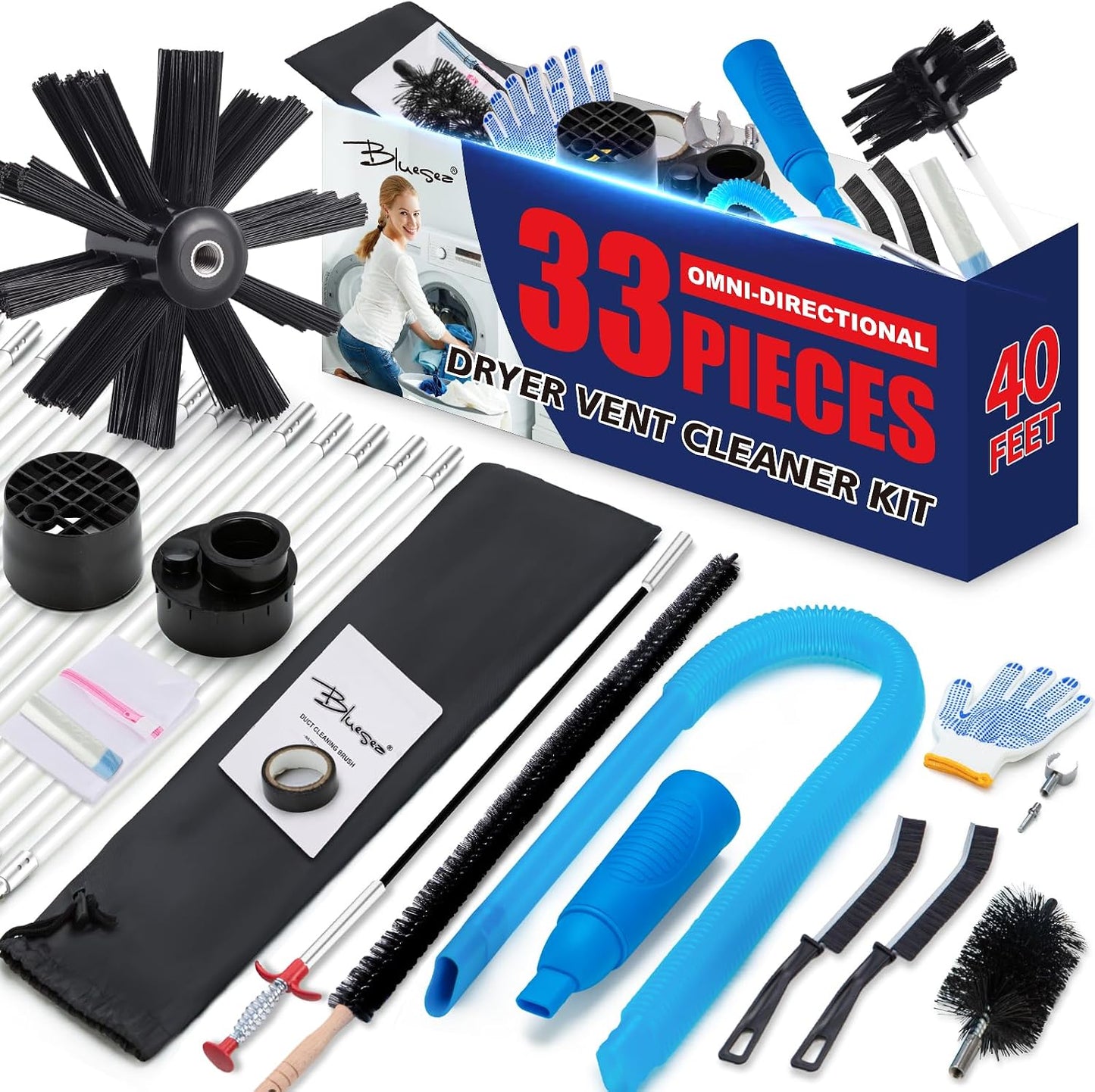 Bluesea 7 Pieces 20 Feet Dryer Vent Cleaner Kit, Reinforced Nylon Dryer Vent Cleaning Kit, Durable Dryer Vent Brush Vacuum Attachment with Flexible Lint Trap Brush, Vacuum & Dryer Adapters