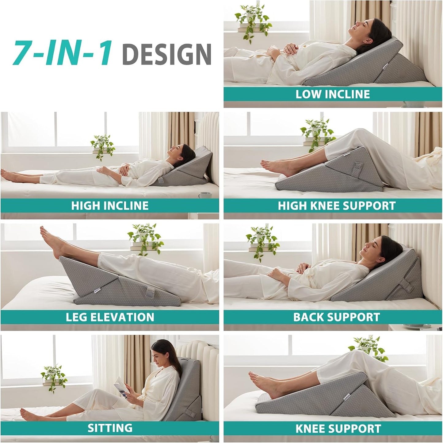 Bedluxe Wedge Pillow Headboard, 3PCS Orthopedic Bed Wedge Pillows Set for After Surgery, Adjustable Pillow Wedge for Acid Reflux&Back Pain Relief, Sleeping, Back Pillow for Bed Sitting Up, White/Grey