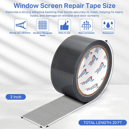 Gray Window Screen Repair Tape 2" x 40FT Fiberglass Strong Adhesive | Waterproof fiberglass mesh repair patch, fixes holes and tears, easy to cut and stick for window door screen repair
