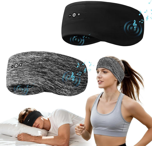 2-Pack Bluetooth Sleep Headphones with Ultra-Thin Speakers, Headband Headphones for Sleeping & Sports, No Ear Pressure for Side Sleepers,12-Hour Battery, Works with All Bluetooth Device-Black&Gray