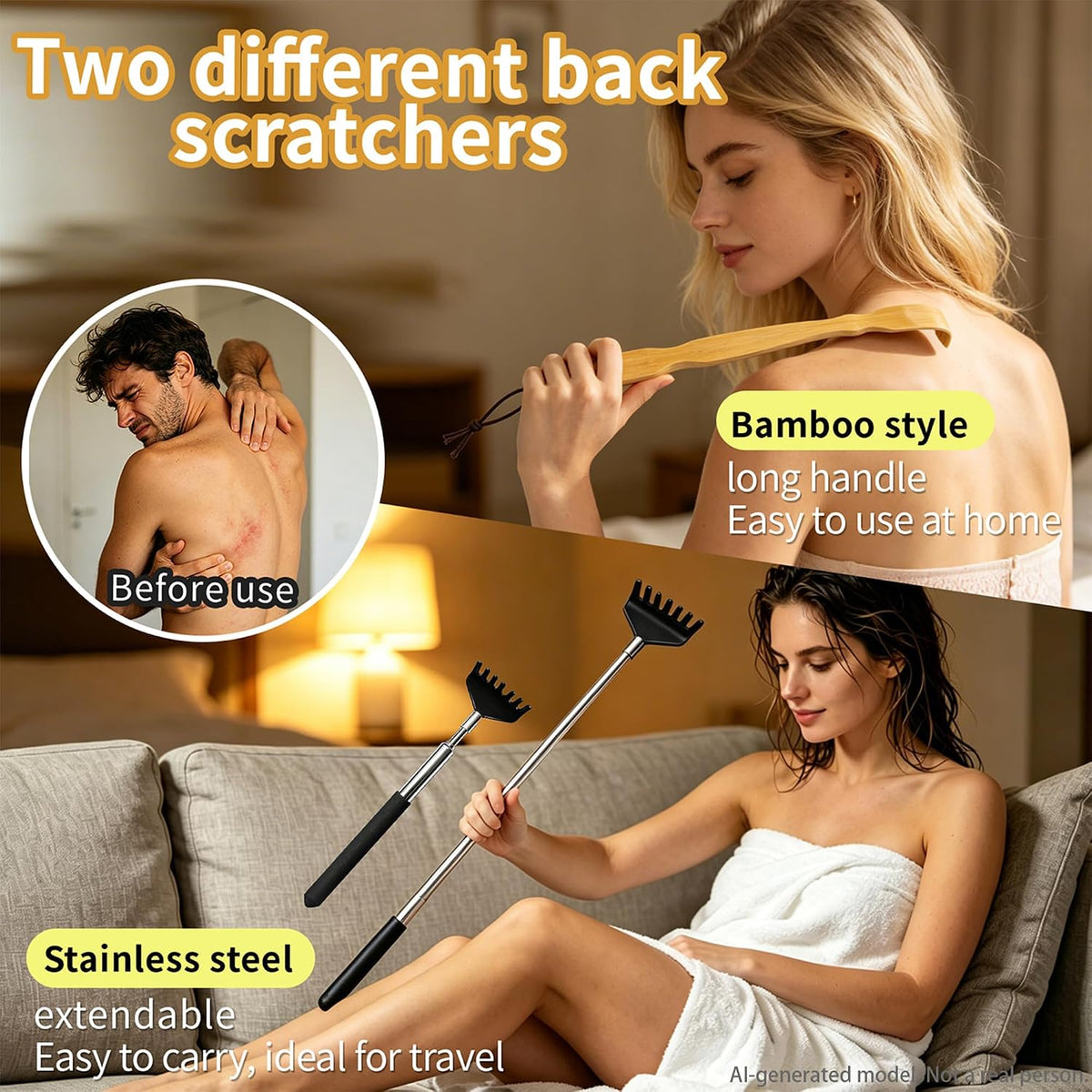 4 Pcs Back scratchers,Bamboo & Extendable Stainless Steel Back Scratcher