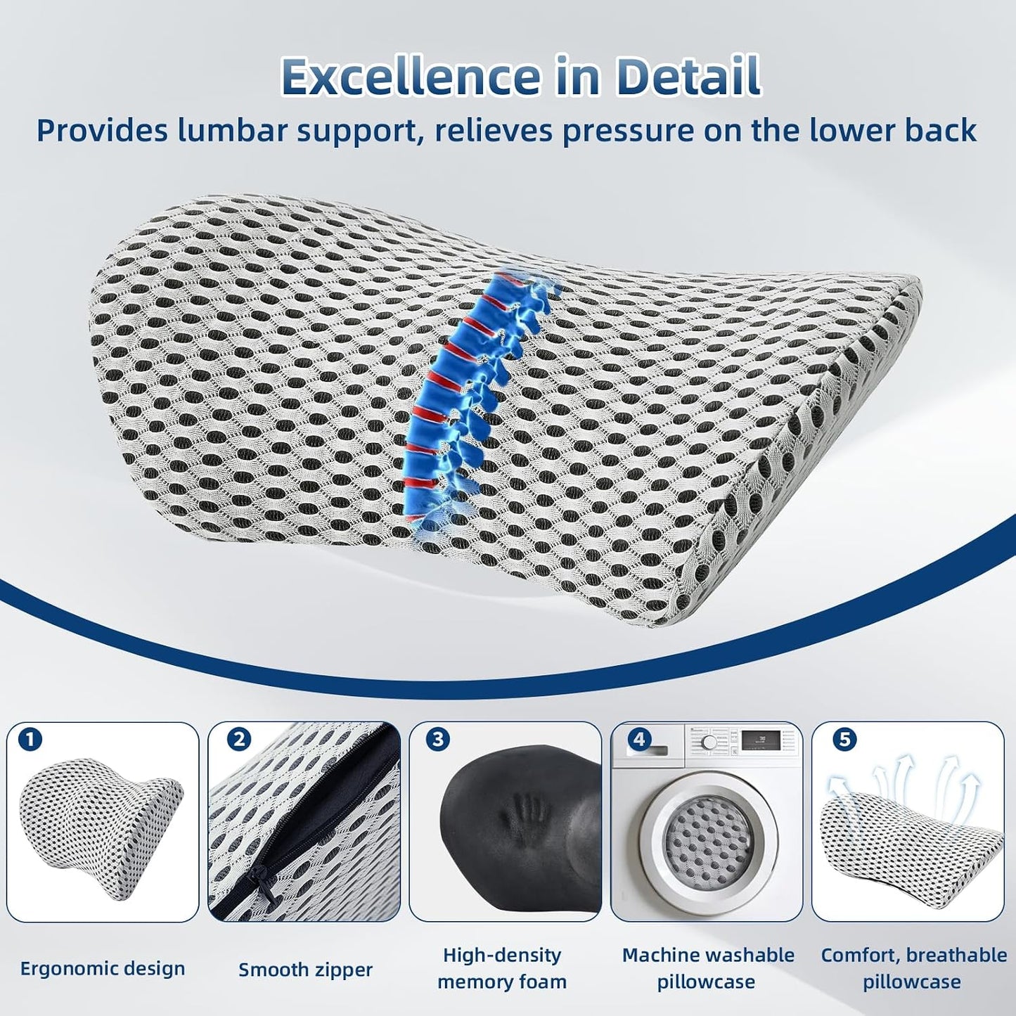 Lumbar Pillow, Memory Foam Lumbar Support Pillow for Office Chair and Car Seat, Ergonomic Streamline Back Pillow for Lower Back Pain Relief, Back Support Pillow for Sitting, Driving, Traveling