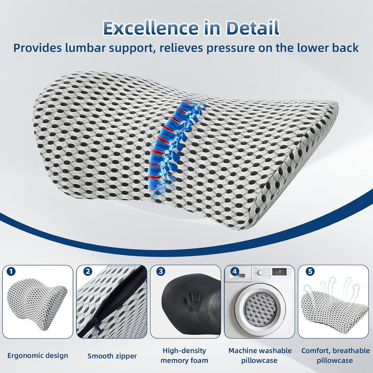 Lumbar Pillow, Memory Foam Lumbar Support Pillow for Office Chair and Car Seat, Ergonomic Streamline Back Pillow for Lower Back Pain Relief, Back Support Pillow for Sitting, Driving, Traveling