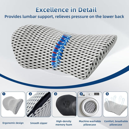 Lumbar Pillow, Memory Foam Lumbar Support Pillow for Office Chair and Car Seat, Ergonomic Streamline Back Pillow for Lower Back Pain Relief, Back Support Pillow for Sitting, Driving, Traveling