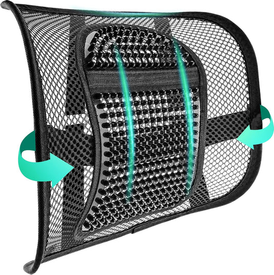 Samyoung Mesh Lumbar Support for Office Chair and Car Seat | 12 x 16 Inch Breathable Double-Layer Mesh Back Support with Elastic Chair Strap & Support Beads for Firm, Comfortable Support