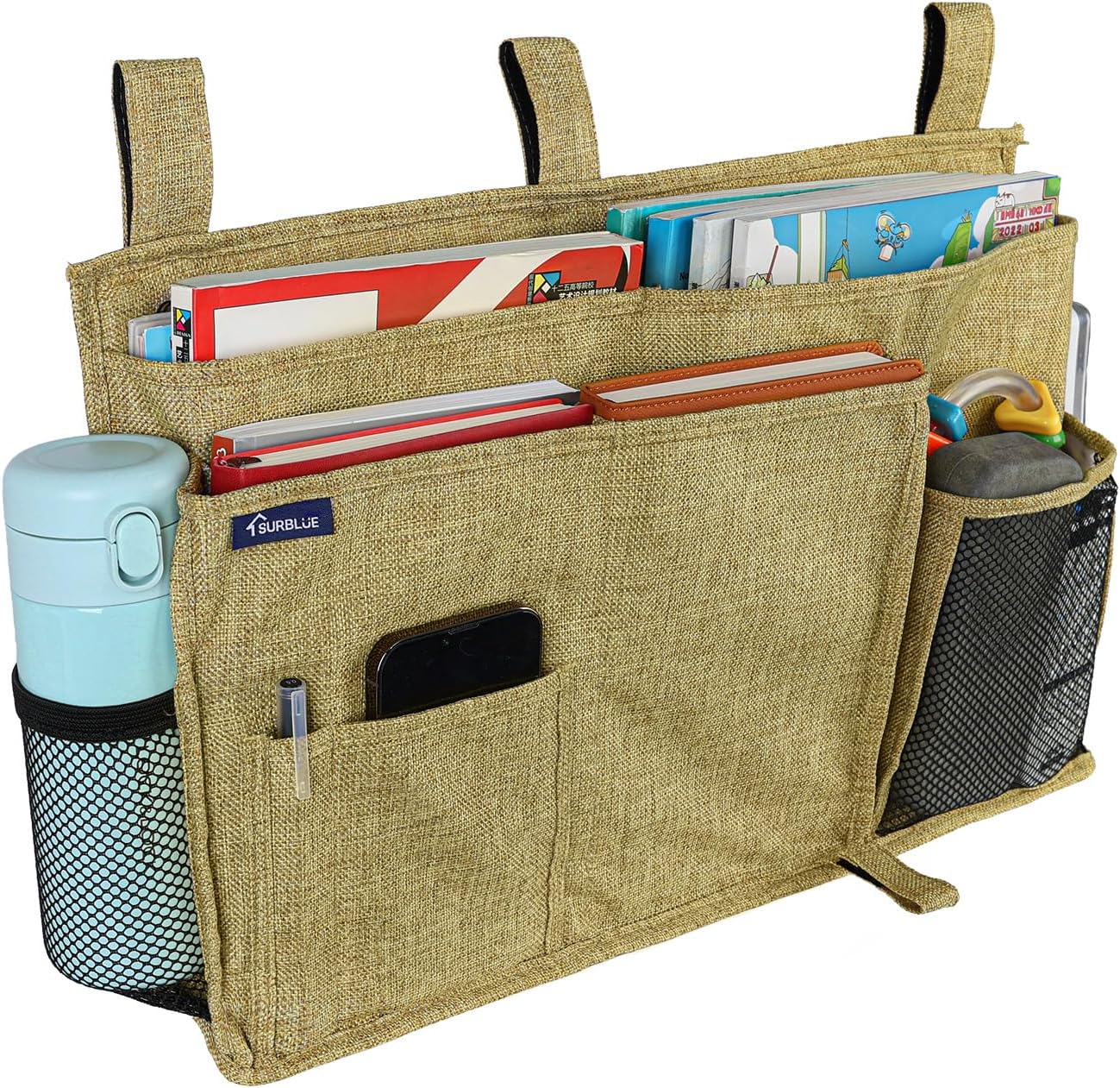 Surblue Bedside Caddy Hanging Organizer Storage Bag Pocket for Bunk, Hospital, College Dorm Rooms, Baby Bed Rails, Camp - 4 Pockets, 2 Hooks (Blue)