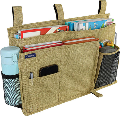 Surblue Bedside Caddy Hanging Organizer Storage Bag Pocket for Bunk, Hospital, College Dorm Rooms, Baby Bed Rails, Camp - 4 Pockets, 2 Hooks (Blue)