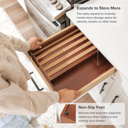 Expandable Spice Drawer Organizer, Bamboo | Holds up to 15 spice jars (not included), non-slip feet, 100% sustainable bamboo wood