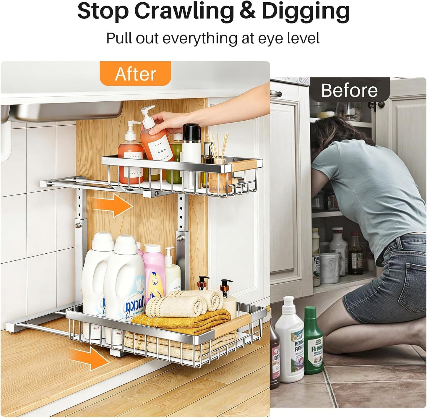 PXRACK Under Sink Organizer, Adjustable Height, 2 Tier Pull Out Under Cabinet Organizer, Slide Out Thickened Metal Under Sink Storage for Kitchen Bathroom Laundry Pantry Cabinet, White, Large-2-Pack